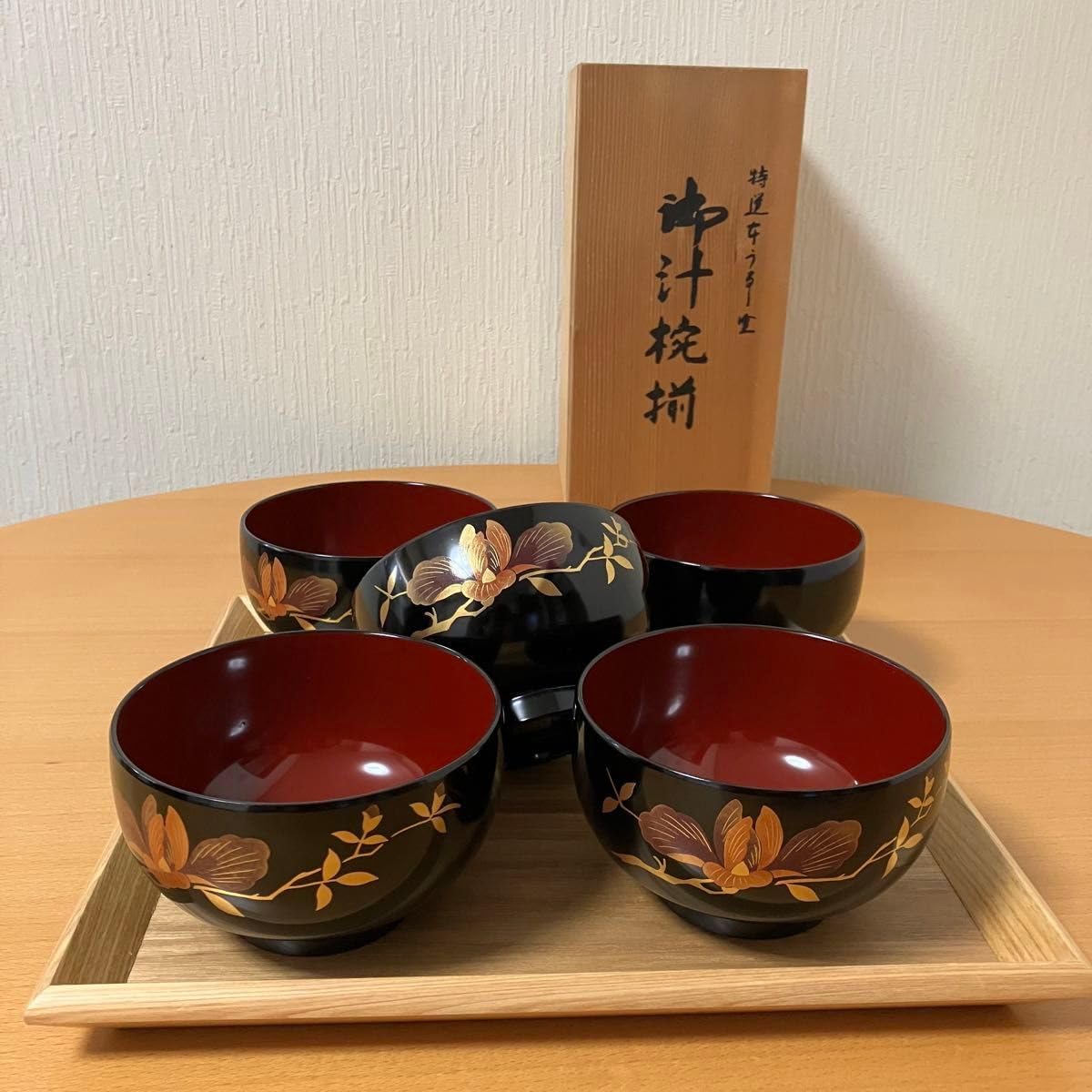 漆器椀 5種類セット 赤黒装飾 赤黒漆器 椀2個と箸セット